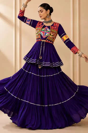 Purple Cotton Gamthi Work Lehenga Choli with Koti