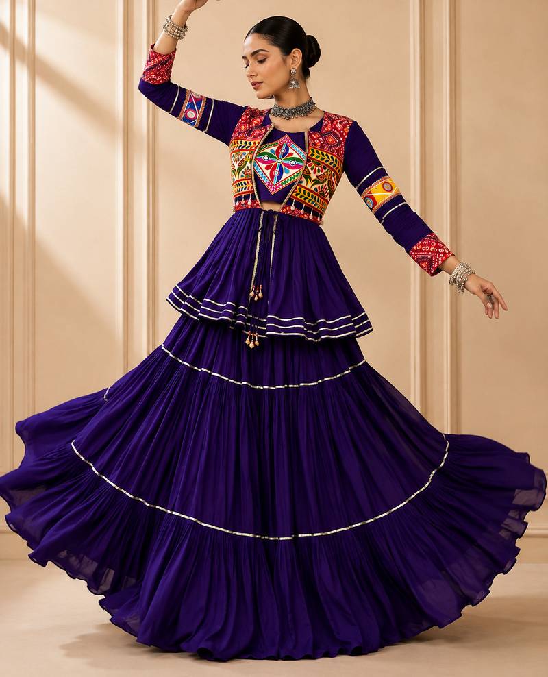 Purple Cotton Gamthi Work Lehenga Choli with Koti