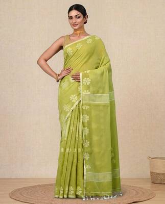 lime green printed cotton blend handspun soft saree 1