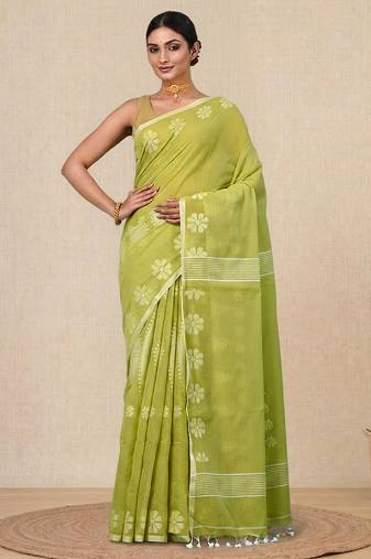 lime green printed cotton blend handspun soft saree