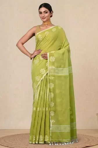 lime green printed cotton blend handspun soft saree