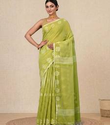 lime green printed cotton blend handspun soft saree
