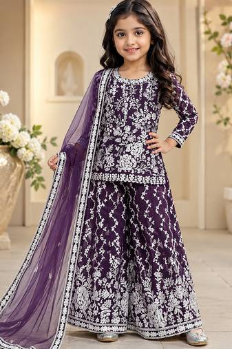 Girls purple faux georgette with embroidery chain work kurta sharara & dupatta set