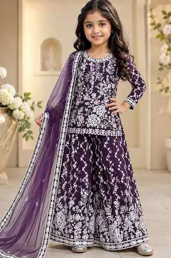 Girls purple faux georgette with embroidery chain work kurta sharara & dupatta set