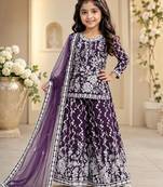 Girls purple faux georgette with embroidery chain work kurta sharara & dupatta set