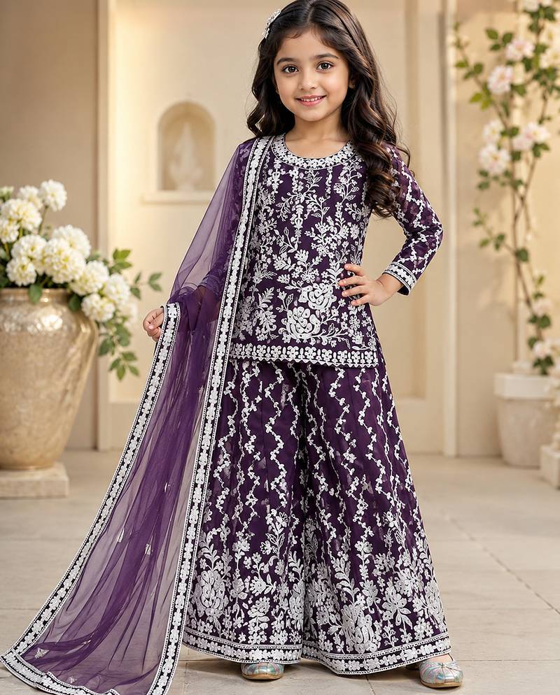 Girls purple faux georgette with embroidery chain work kurta sharara & dupatta set