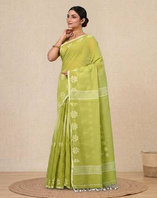 lime green printed cotton blend handspun soft saree 2