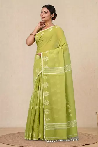 lime green printed cotton blend handspun soft saree