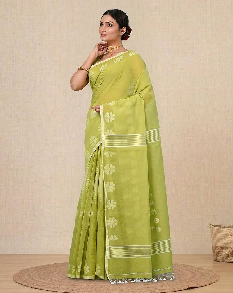 lime green printed cotton blend handspun soft saree
