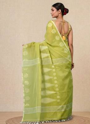 lime green printed cotton blend handspun soft saree 3