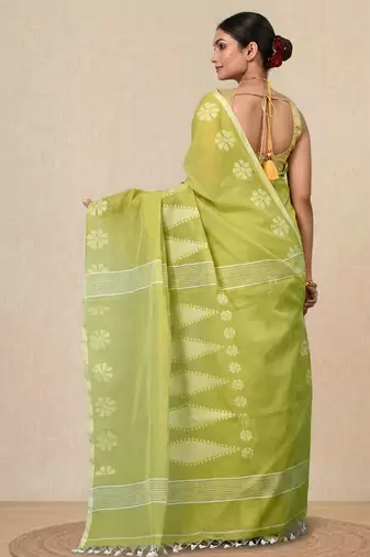 lime green printed cotton blend handspun soft saree