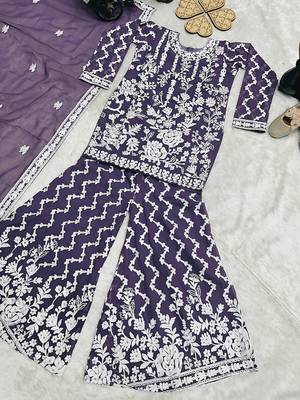 Girls purple faux georgette with embroidery chain work kurta sharara & dupatta set 2
