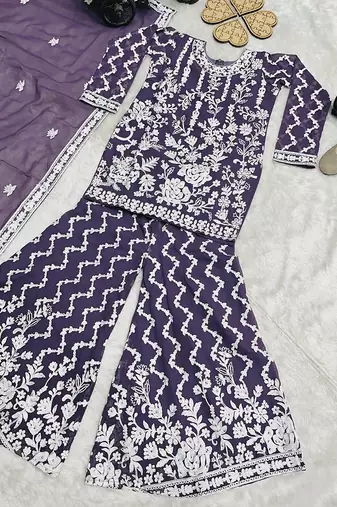 Girls purple faux georgette with embroidery chain work kurta sharara & dupatta set