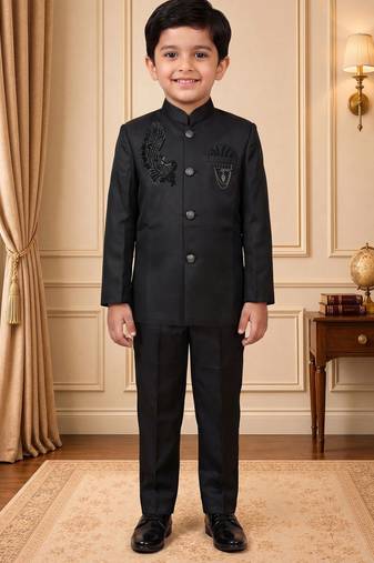 Boys black satin peacock bead work embroidered indo western blazer & trouser set