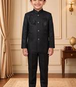 Boys black satin peacock bead work embroidered indo western blazer & trouser set