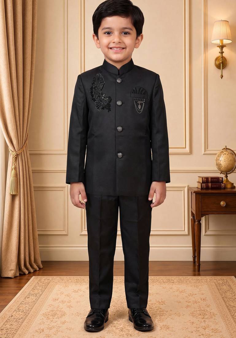 Boys black satin peacock bead work embroidered indo western blazer & trouser set