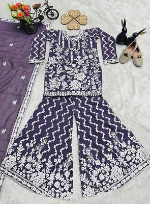 Girls purple faux georgette with embroidery chain work kurta sharara & dupatta set 3