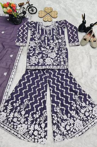 Girls purple faux georgette with embroidery chain work kurta sharara & dupatta set