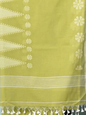 lime green printed cotton blend handspun soft saree 4