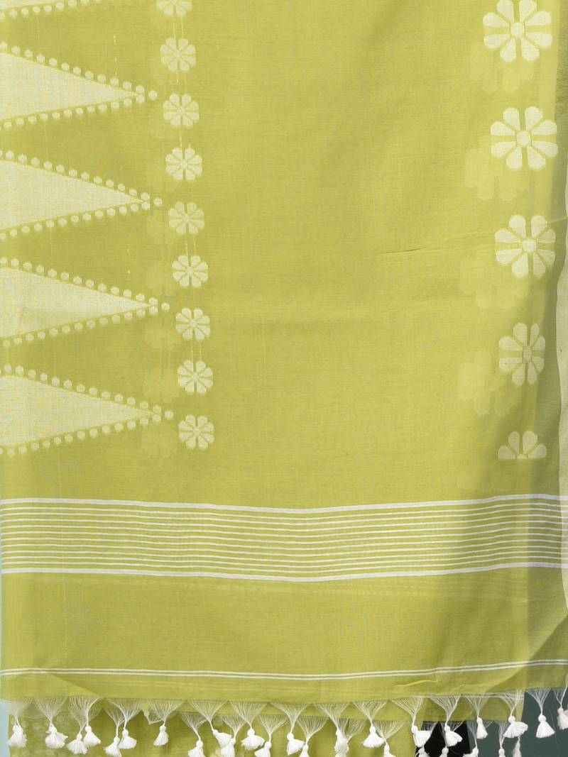 lime green printed cotton blend handspun soft saree