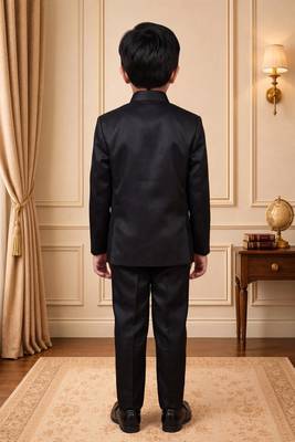 Boys black satin peacock bead work embroidered indo western blazer & trouser set 2