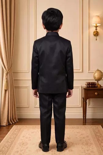 Boys black satin peacock bead work embroidered indo western blazer & trouser set