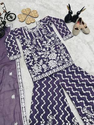 Girls purple faux georgette with embroidery chain work kurta sharara & dupatta set 4
