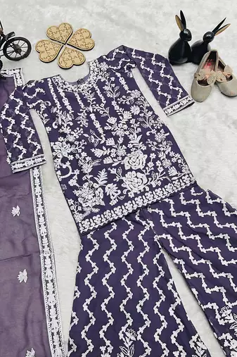 Girls purple faux georgette with embroidery chain work kurta sharara & dupatta set