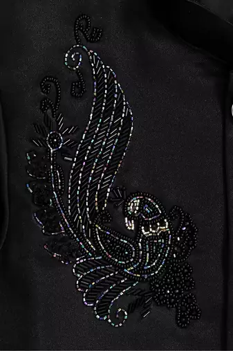 Boys black satin peacock bead work embroidered indo western blazer & trouser set
