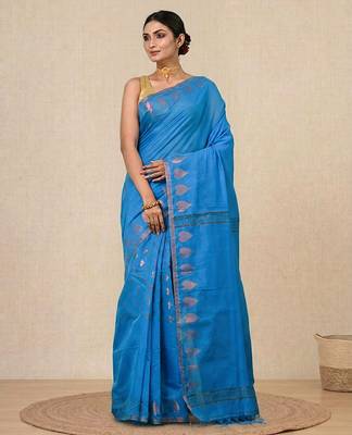 sapphire blue heart motifs cotton blend handspun soft saree 1