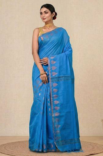 sapphire blue heart motifs cotton blend handspun soft saree