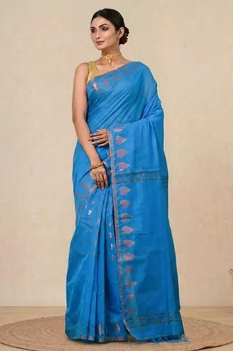 sapphire blue heart motifs cotton blend handspun soft saree