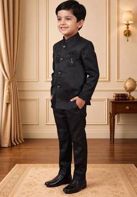 Boys black satin peacock bead work embroidered indo western blazer & trouser set 4