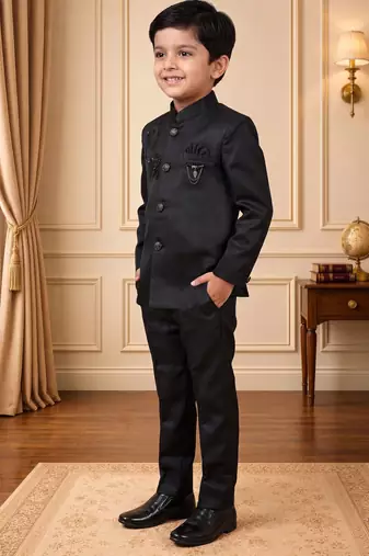 Boys black satin peacock bead work embroidered indo western blazer & trouser set