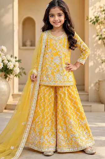 Girls yellow faux georgette with embroidery chain work kurta sharara & dupatta set