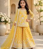 Girls yellow faux georgette with embroidery chain work kurta sharara & dupatta set