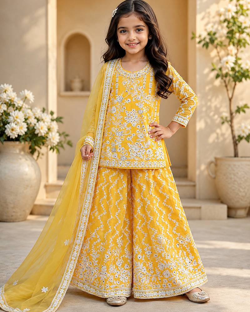 Girls yellow faux georgette with embroidery chain work kurta sharara & dupatta set