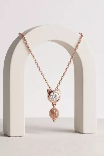 25 Sterling Silver Rose Gold Plated Cute  Cat Kitty Charm CZ Pendant Necklace  Set for Women