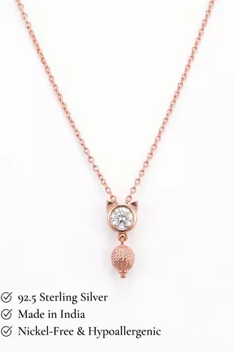 25 Sterling Silver Rose Gold Plated Cute  Cat Kitty Charm CZ Pendant Necklace  Set for Women