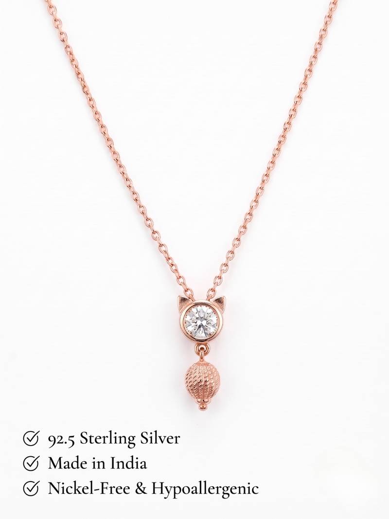 25 Sterling Silver Rose Gold Plated Cute  Cat Kitty Charm CZ Pendant Necklace  Set for Women
