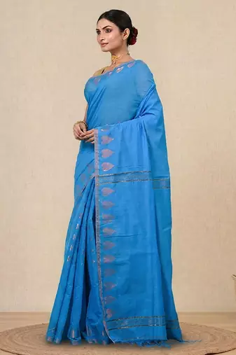 sapphire blue heart motifs cotton blend handspun soft saree