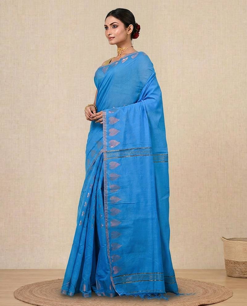 sapphire blue heart motifs cotton blend handspun soft saree