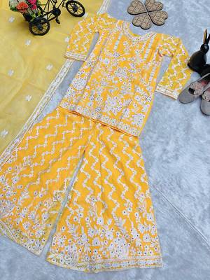 Girls yellow faux georgette with embroidery chain work kurta sharara & dupatta set 2