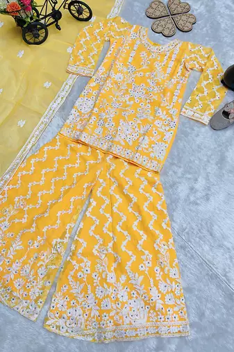 Girls yellow faux georgette with embroidery chain work kurta sharara & dupatta set