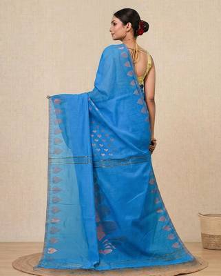sapphire blue heart motifs cotton blend handspun soft saree 3