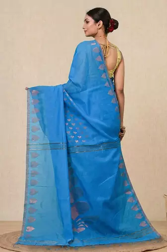 sapphire blue heart motifs cotton blend handspun soft saree