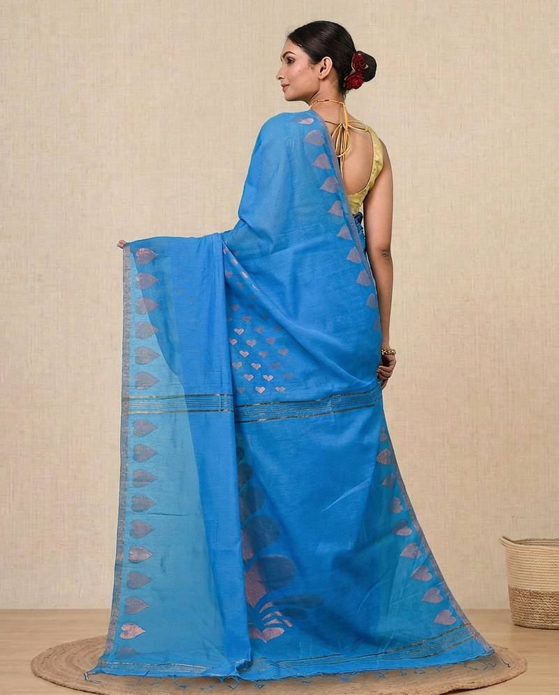sapphire blue heart motifs cotton blend handspun soft saree