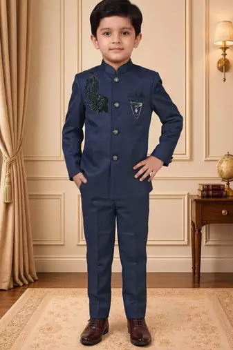 Boys navy blue satin peacock bead work embroidered indo western blazer & trouser set
