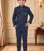 Boys navy blue satin peacock bead work embroidered indo western blazer & trouser set