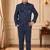 Boys navy blue satin peacock bead work embroidered indo western blazer & trouser set